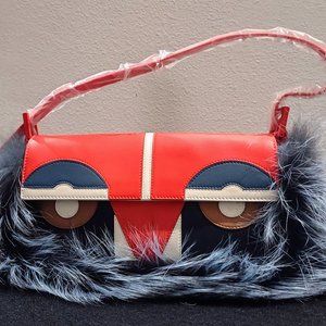 Fendi Owl Baguette Leather and Fox Fur Shoulder Bag